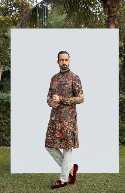 BLACK PRINTED MIRROR KURTA WITH BUNDI SET