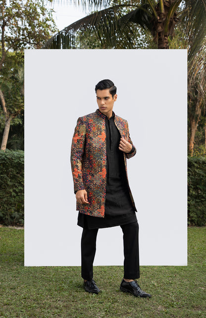 BLACK PRINTED LONG OPEN JACKET