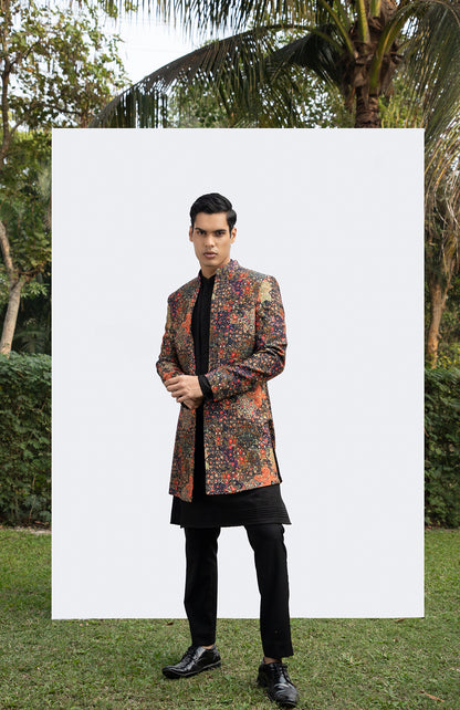 BLACK PRINTED LONG OPEN JACKET
