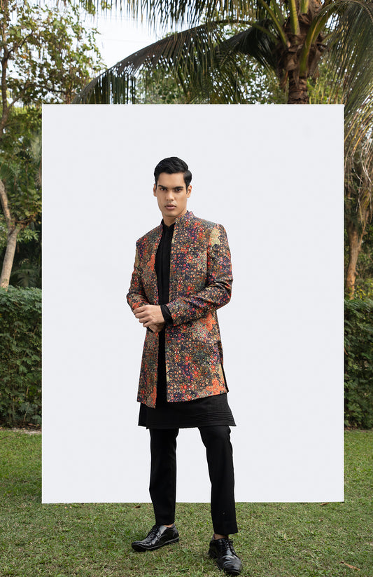 BLACK PRINTED LONG OPEN JACKET