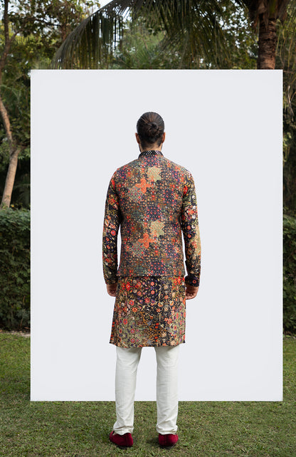 BLACK PRINTED MIRROR KURTA WITH BUNDI SET
