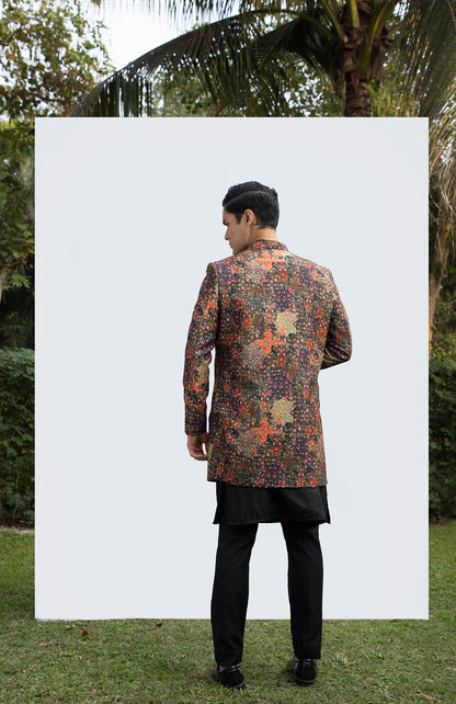 BLACK PINTUCK KURTA WITH PRINTED OPEN JACKET