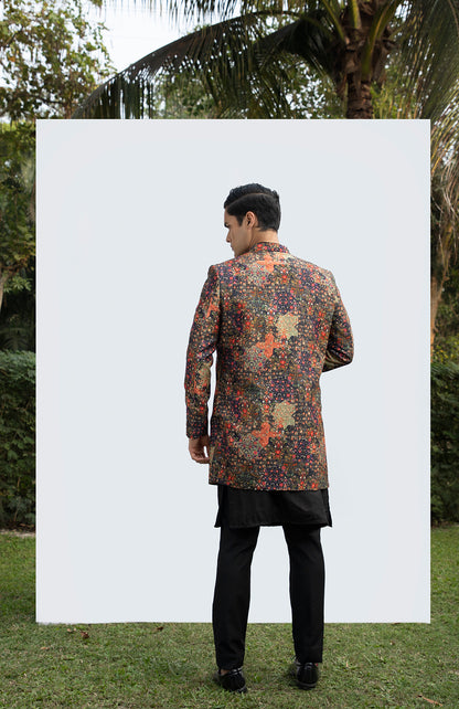 BLACK PRINTED LONG OPEN JACKET