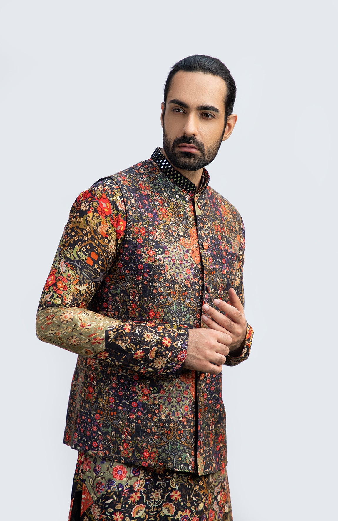 BLACK PRINTED MIRROR KURTA WITH BUNDI SET