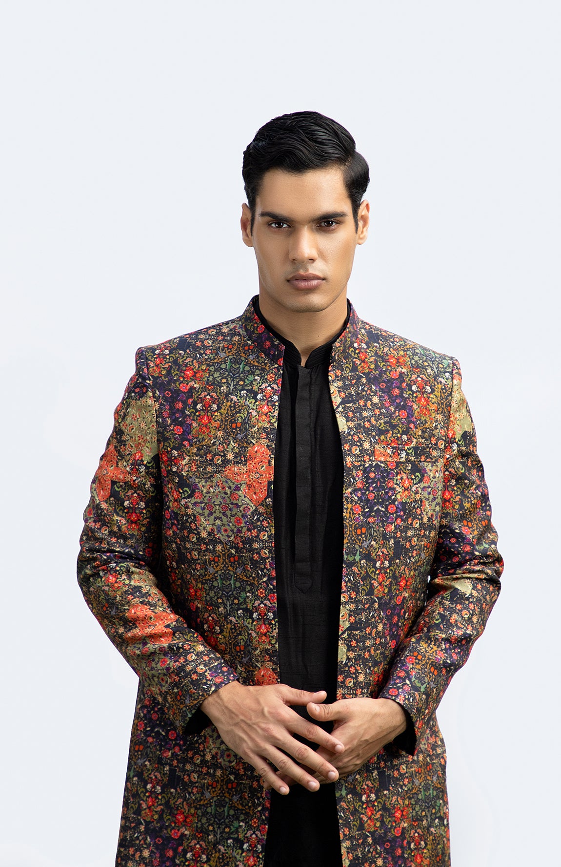 BLACK PINTUCK KURTA WITH PRINTED OPEN JACKET