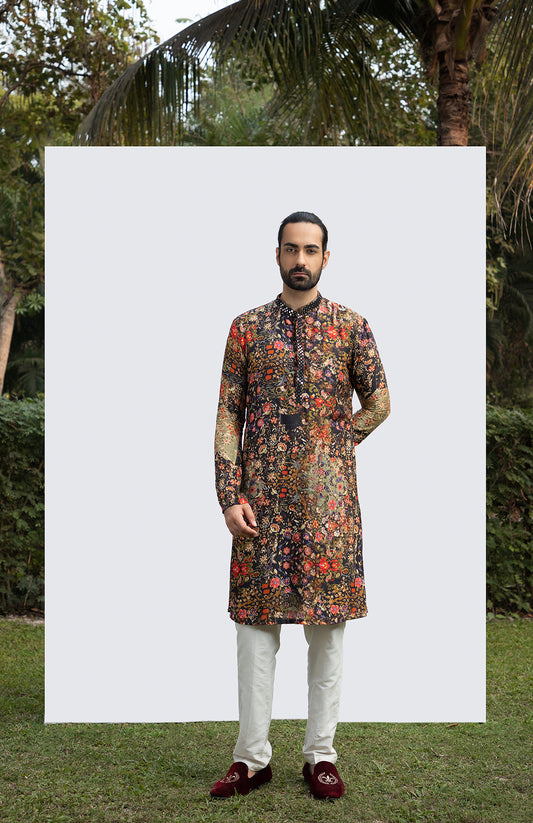 BLACK PRINTED MIRRORWORK KURTA SET