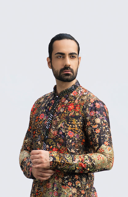 BLACK PRINTED MIRRORWORK KURTA SET