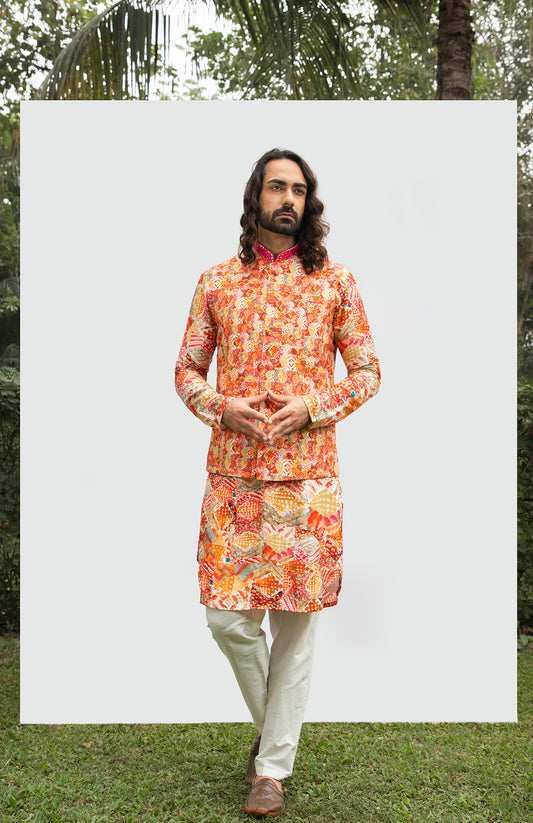 DIAMOND PRINTED MIRROR KURTA SET WITH PRINTED MIRROR BUNDI