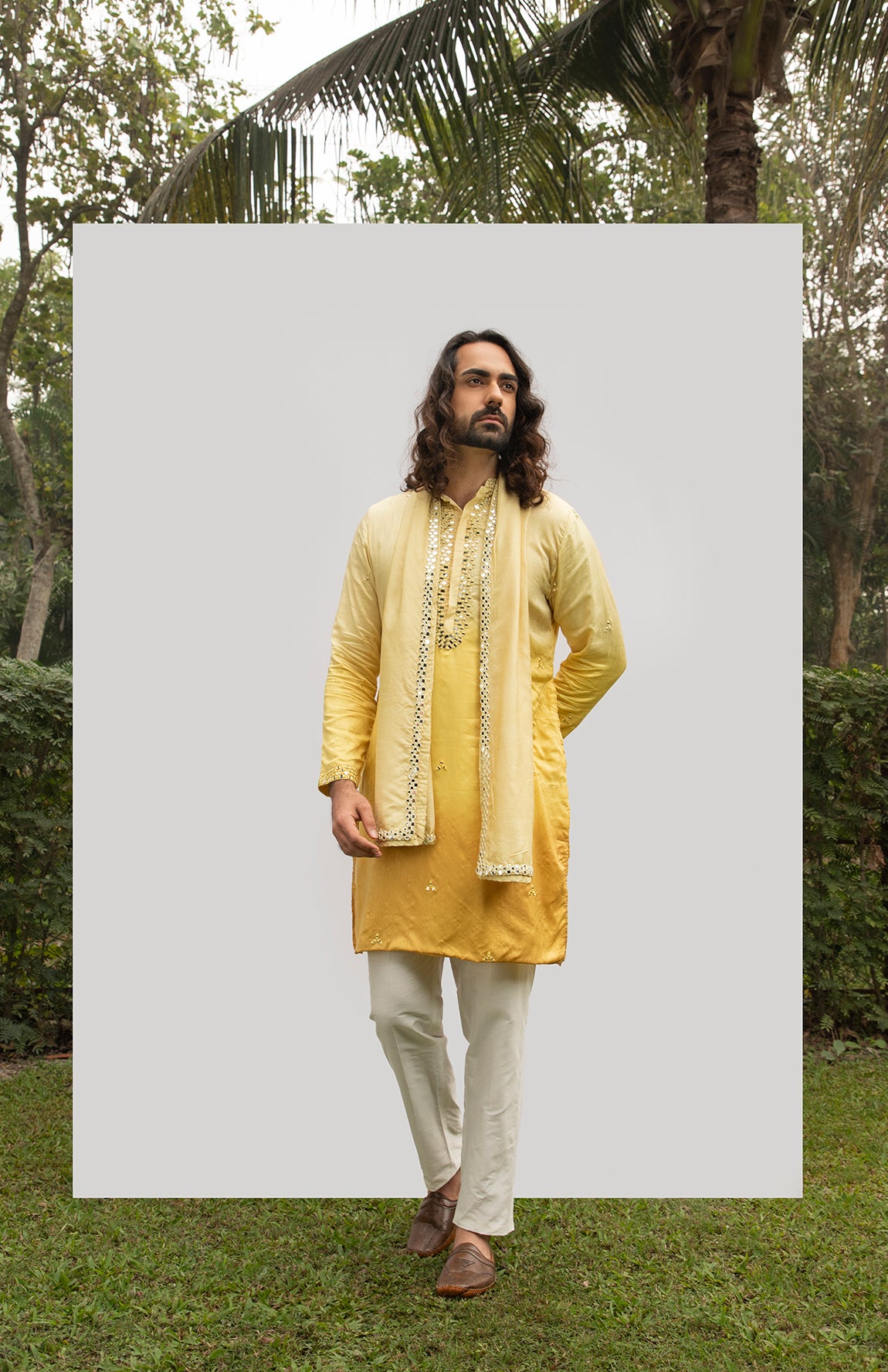 YELLOW OMBRE KURTA SET WITH MIRROR DUPATTA