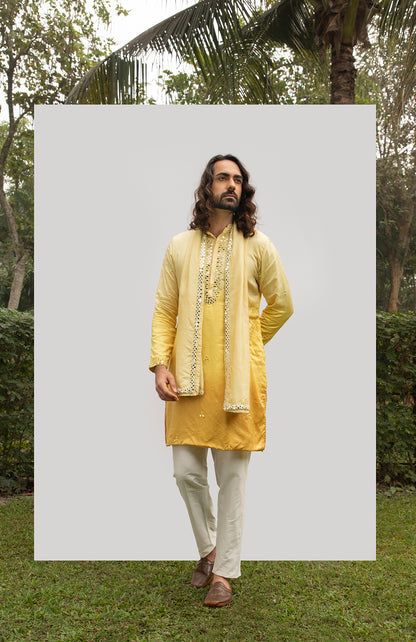 YELLOW OMBRE KURTA SET WITH MIRROR DUPATTA