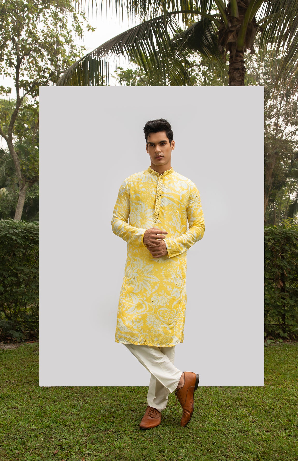 YELLOW PRINT MIRROR KURTA SET