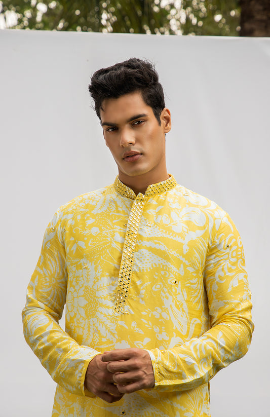 YELLOW PRINT MIRROR KURTA SET