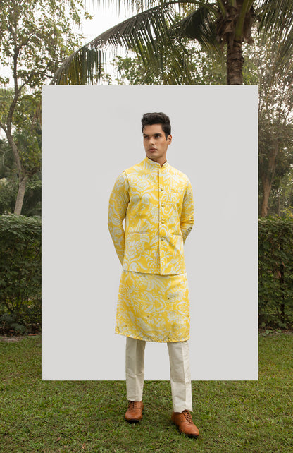 YELLOW PRINT MIRROR KURTA SET WITH YELLOW PRINTED BUNDI