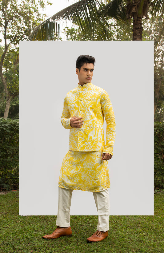 YELLOW PRINT MIRROR KURTA SET WITH YELLOW PRINTED BUNDI