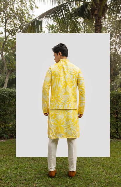 YELLOW PRINT MIRROR KURTA SET WITH YELLOW PRINTED BUNDI