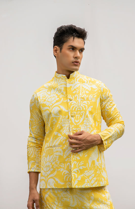 YELLOW PRINT MIRROR KURTA SET WITH YELLOW PRINTED BUNDI