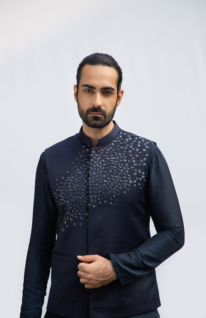 NAVY BLUE ASYMMETRICAL KURTA SET WITH NAVY BLUE EMBELLISHED BUNDI