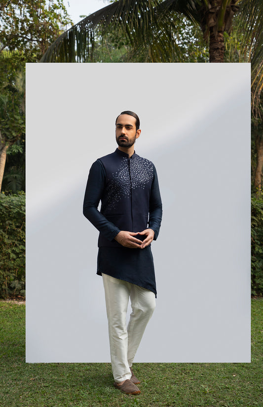 NAVY BLUE ASYMMETRICAL KURTA SET WITH NAVY BLUE EMBELLISHED BUNDI