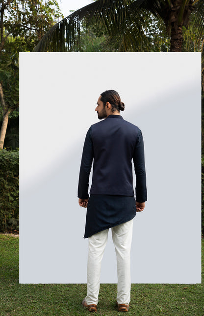 NAVY BLUE ASYMMETRICAL KURTA SET WITH NAVY BLUE EMBELLISHED BUNDI