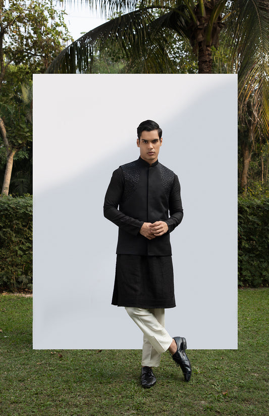 BLACK PINTUCK KURTA SET WITH BLACK EMBELLISHED BUNDI