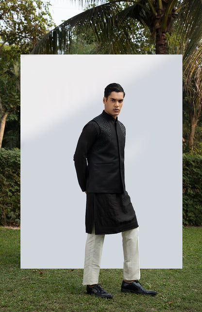 BLACK PINTUCK KURTA SET WITH BLACK EMBELLISHED BUNDI