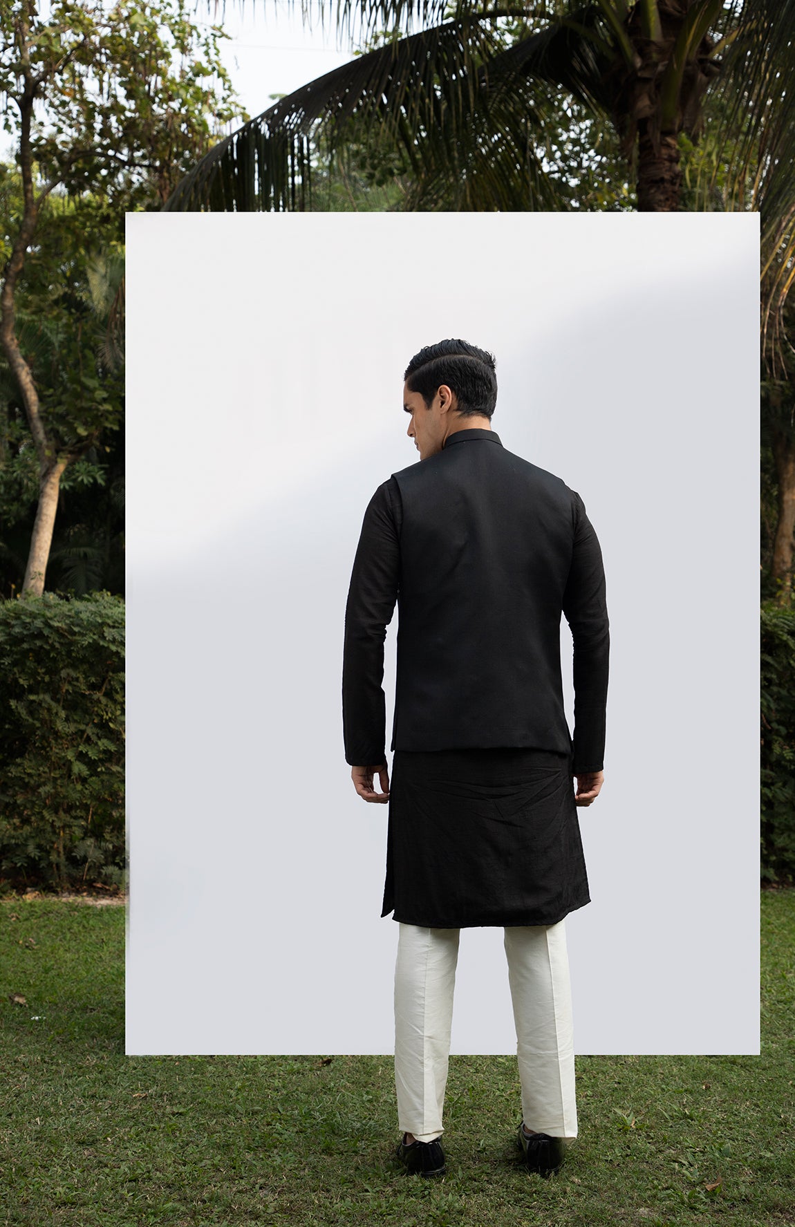 BLACK PINTUCK KURTA SET WITH BLACK EMBELLISHED BUNDI
