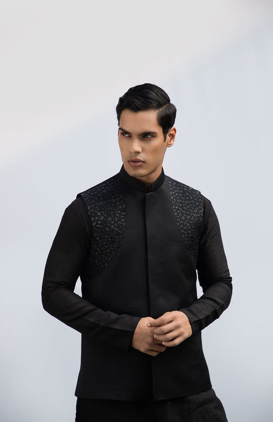 BLACK PINTUCK KURTA SET WITH BLACK EMBELLISHED BUNDI