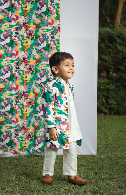 KIDS PRINTED OPEN JACKET WITH KURTA SET