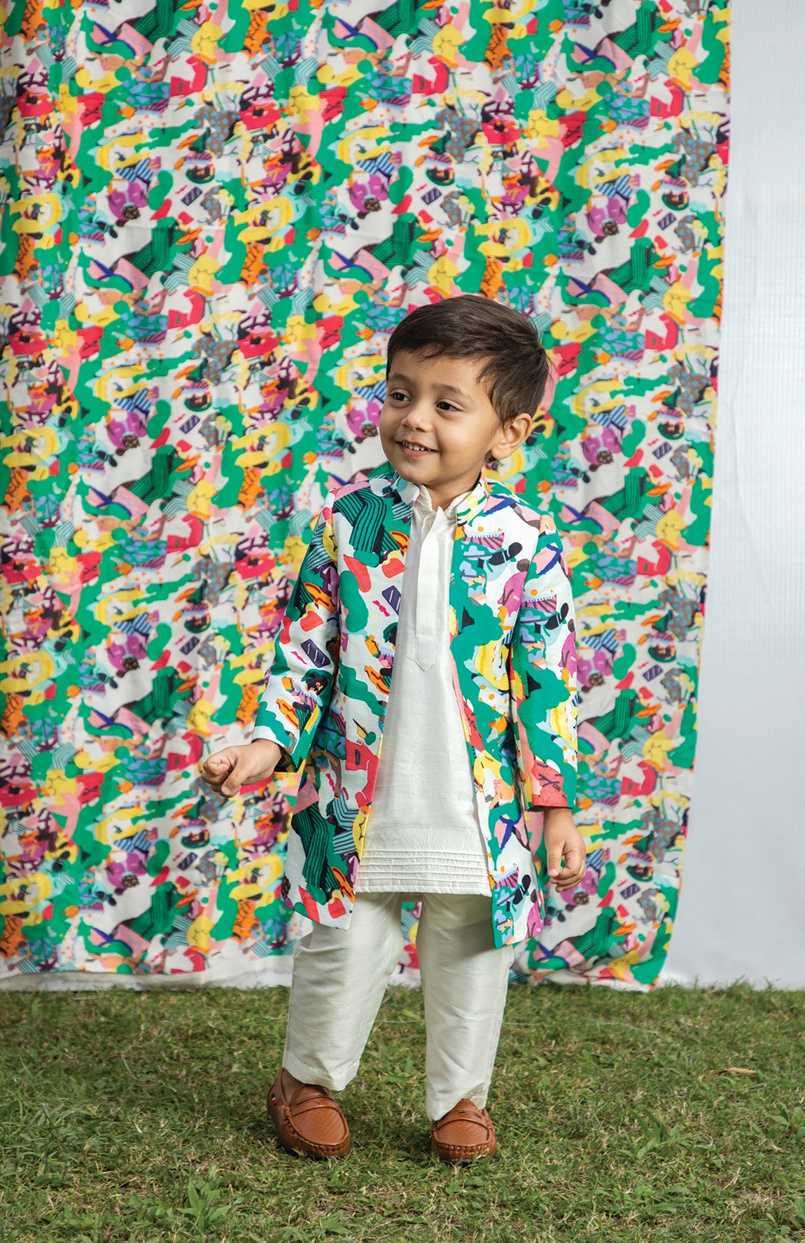 KIDS PRINTED OPEN JACKET WITH KURTA SET