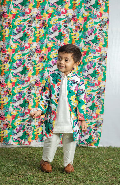 KIDS PRINTED OPEN JACKET WITH KURTA SET