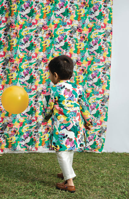 KIDS PRINTED OPEN JACKET WITH KURTA SET