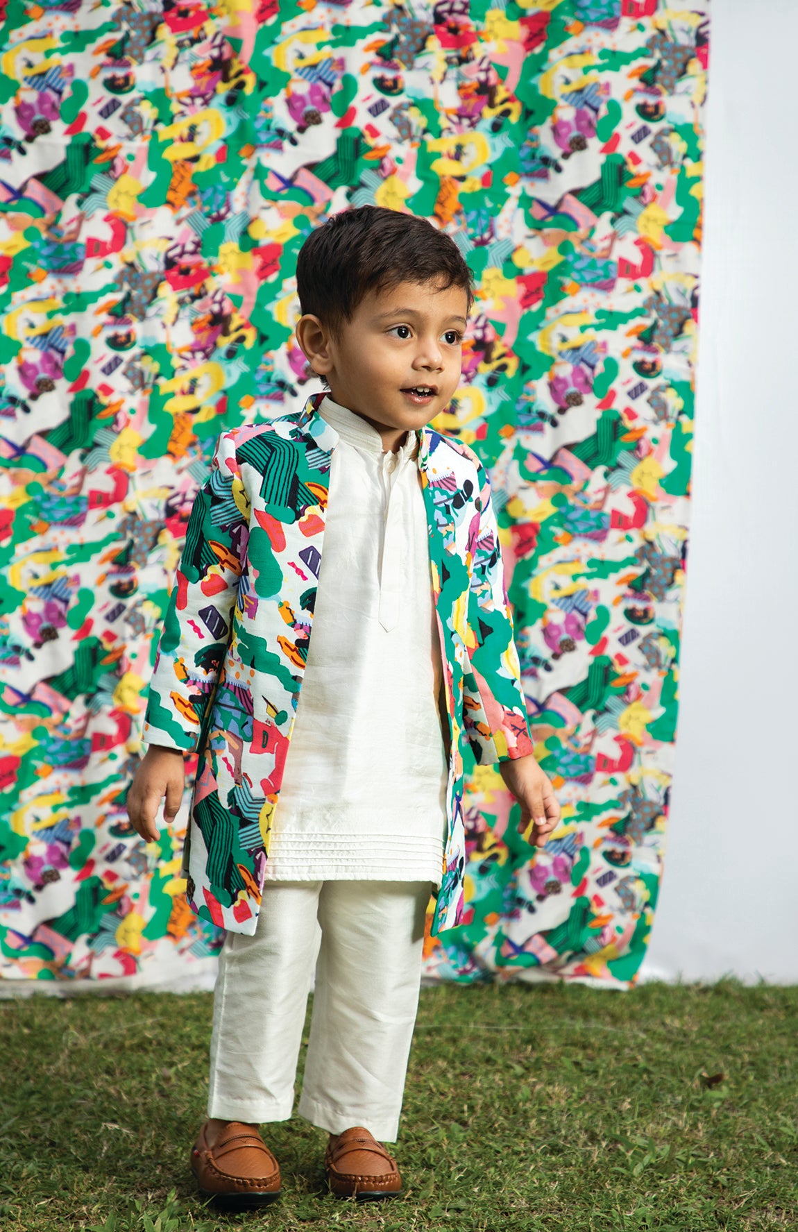 KIDS PRINTED OPEN JACKET WITH KURTA SET
