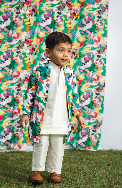 KIDS PRINTED OPEN JACKET WITH KURTA SET