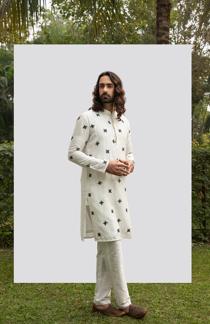 IVORY KURTA WITH BLACK MOTIF KURTA SET