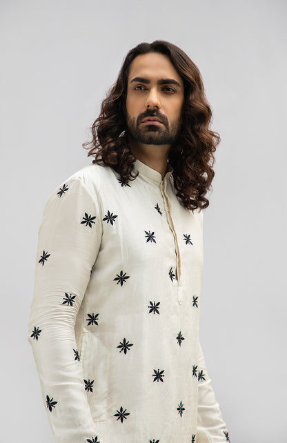IVORY KURTA WITH BLACK MOTIF KURTA SET