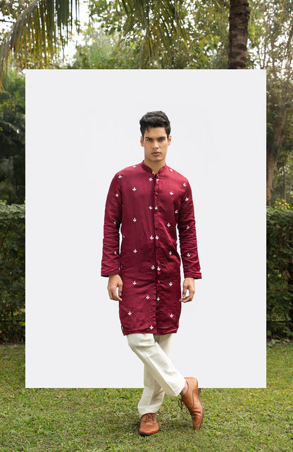 MAROON FRONT-OPEN MOTIF KURTA SET