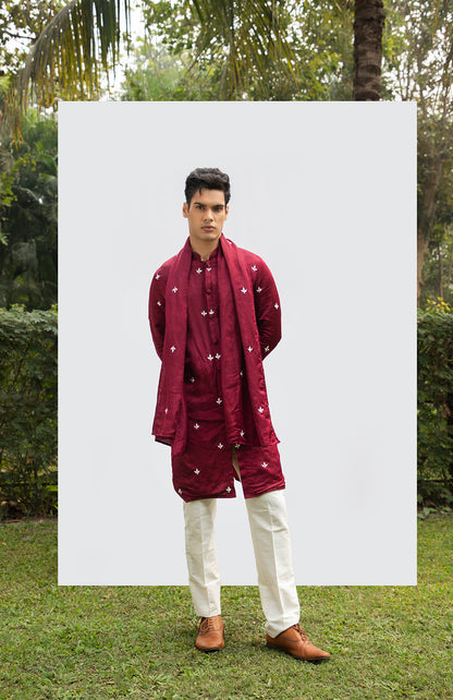 MAROON FRONT-OPEN MOTIF KURTA SET WITH DUPATTA