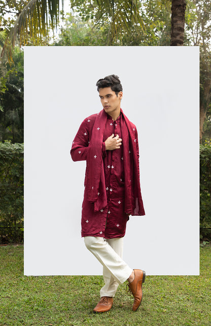 MAROON FRONT-OPEN MOTIF KURTA SET WITH DUPATTA