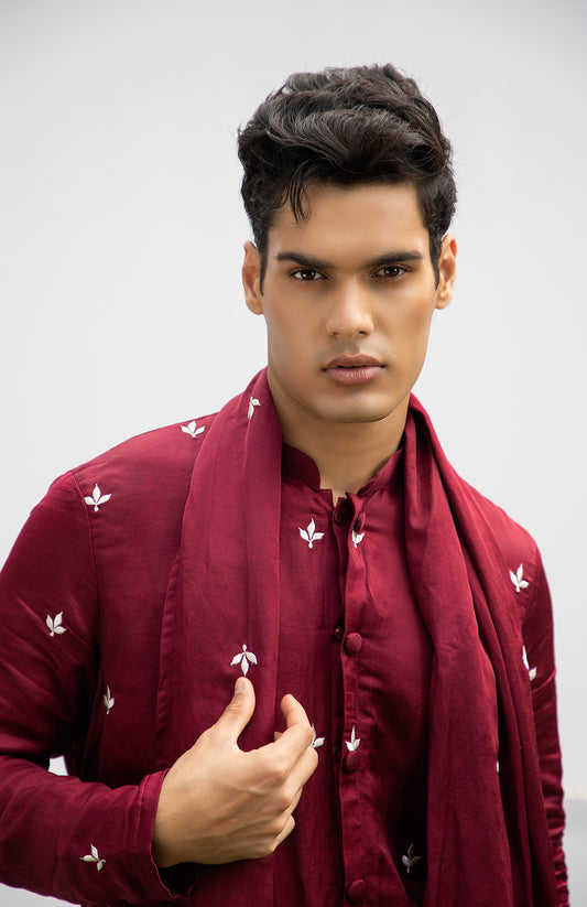 MAROON FRONT-OPEN MOTIF KURTA SET WITH DUPATTA
