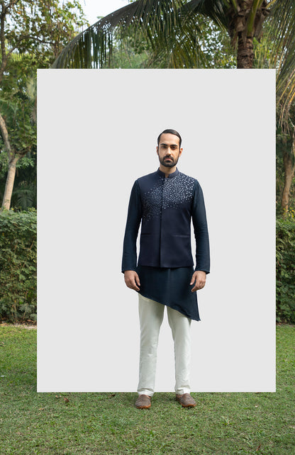 NAVY BLUE ASYMMETRICAL KURTA SET WITH NAVY BLUE EMBELLISHED BUNDI