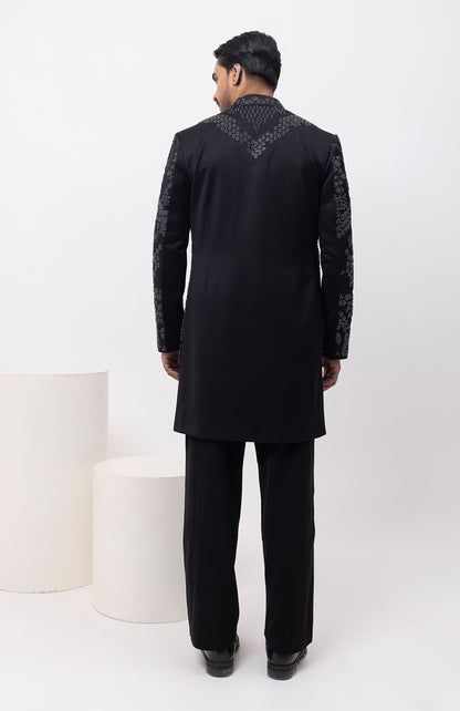 METALLIC MIDNIGHT INDOWESTERN OPEN JACKET WITH KURTA AND TROUSER SET