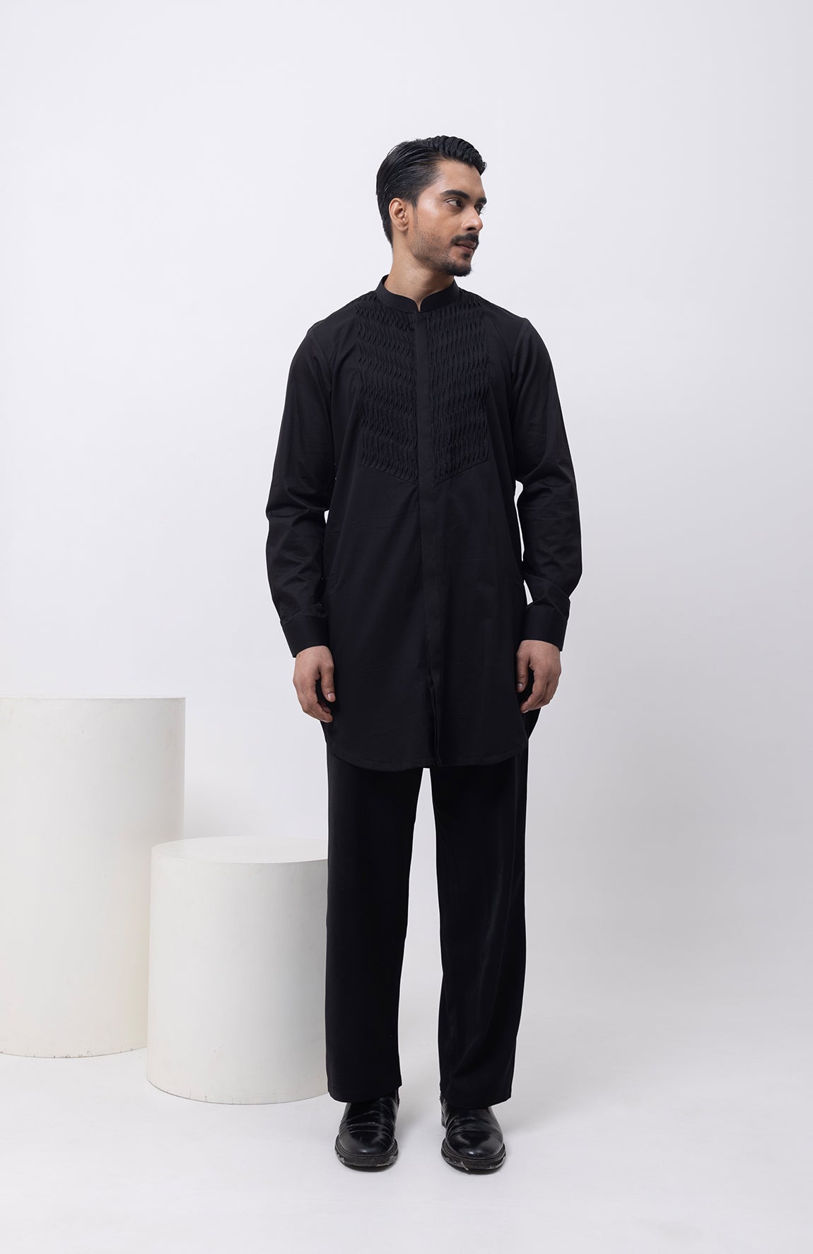 METALLIC MIDNIGHT INDOWESTERN OPEN JACKET WITH KURTA AND TROUSER SET