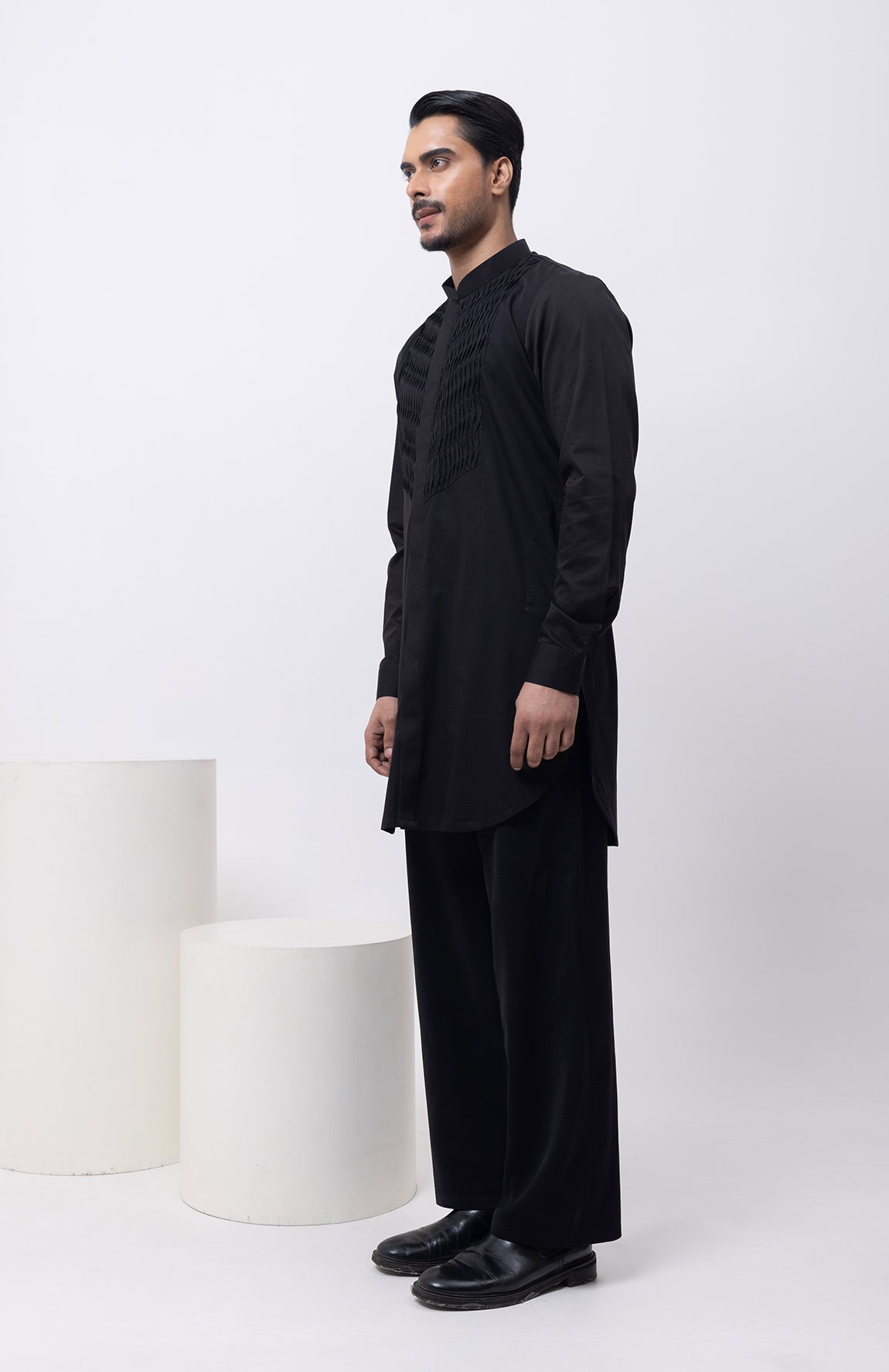 METALLIC MIDNIGHT INDOWESTERN OPEN JACKET WITH KURTA AND TROUSER SET