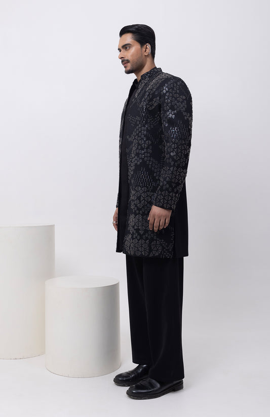 METALLIC MIDNIGHT INDOWESTERN OPEN JACKET WITH KURTA AND TROUSER SET