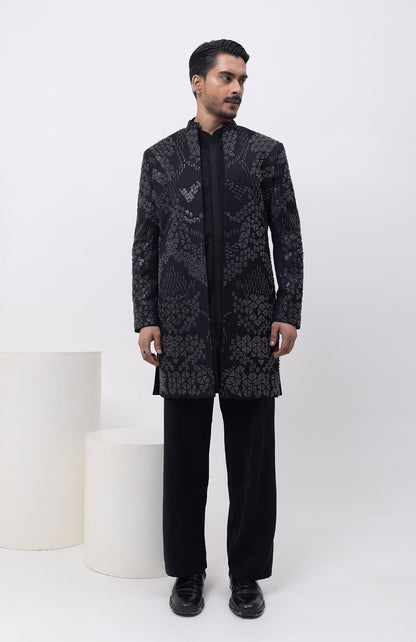 METALLIC MIDNIGHT INDOWESTERN OPEN JACKET WITH KURTA AND TROUSER SET