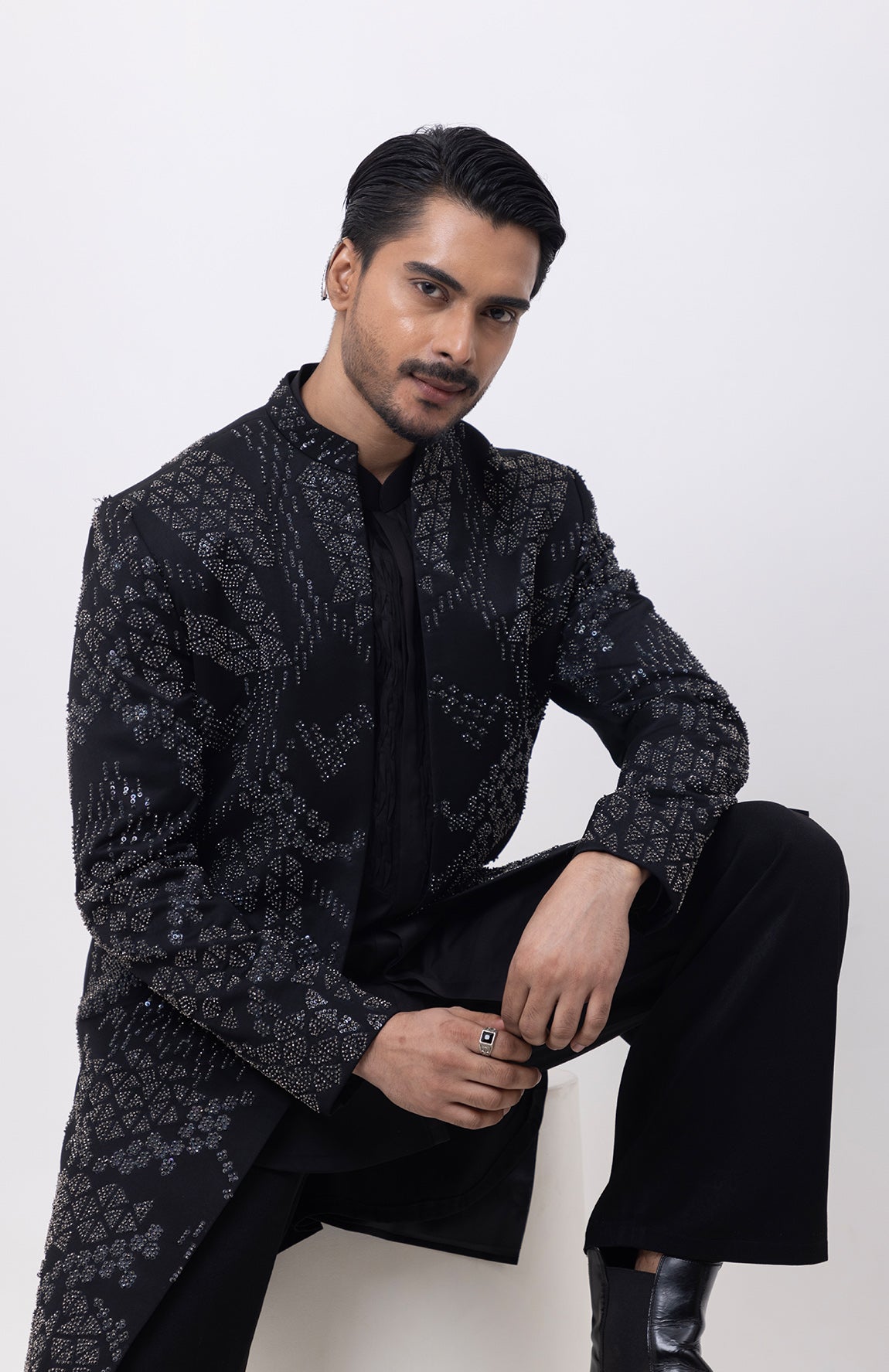 METALLIC MIDNIGHT INDOWESTERN OPEN JACKET WITH KURTA AND TROUSER SET