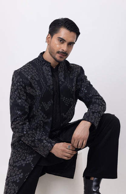 METALLIC MIDNIGHT INDOWESTERN OPEN JACKET WITH KURTA AND TROUSER SET