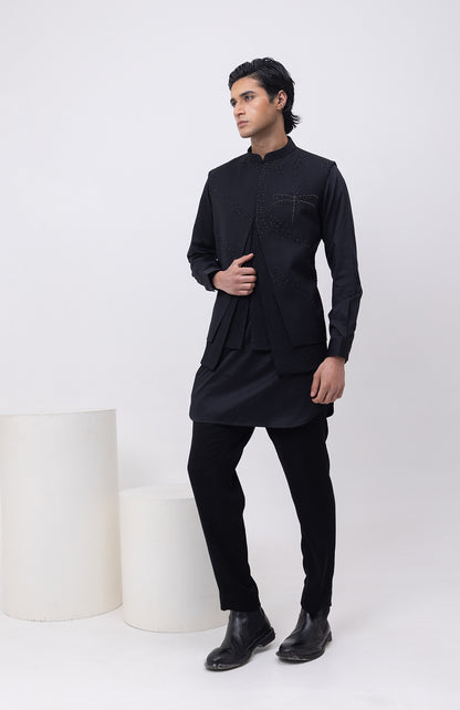 FIREFLY TRIO DESIGNER PINTUCK NEHRU JACKET/BUNDI WITH KURTA & PANT SET