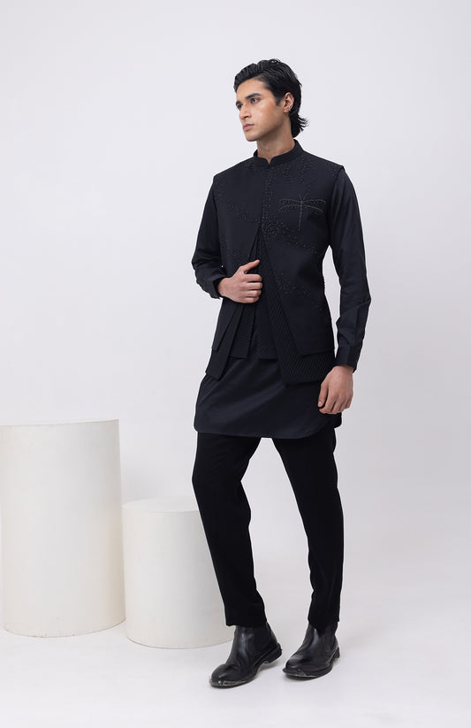 FIREFLY TRIO DESIGNER PINTUCK NEHRU JACKET/BUNDI WITH KURTA & PANT SET