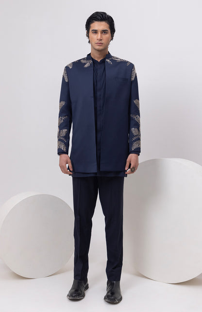LEAF SILVER - INDOWESTERN SHORT OPEN JACKET WITH KURTA AND TROUSER SET